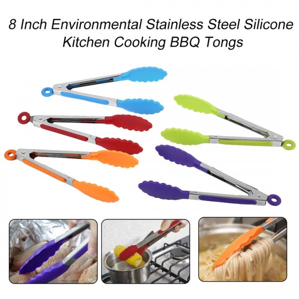 8 Inch Environmental Stainless Steel Silicone Kitchen Cooking BBQ Tongs 