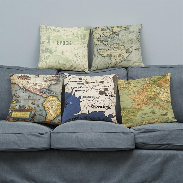 Creative European retro map cotton and linen pillow printed sofa cushion car cushion to figure wholesale custom 45*45 super soft F