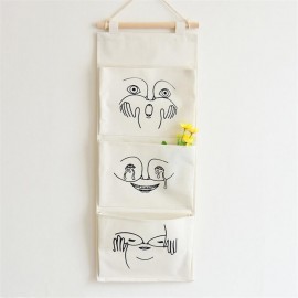 Japanese three pockets of cotton and hemp hanging bag wall decorative storage bag sundry organizing 0842 3 pockets crying face