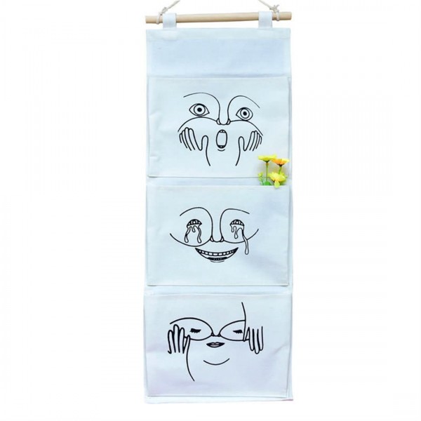 Japanese three pockets of cotton and hemp hanging bag wall decorative storage bag sundry organizing 0842 3 pockets crying face 