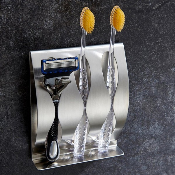 Stainless Steel 3 Holes Toothbrush Holder Wall Mounted With Self Adhesive Tape 